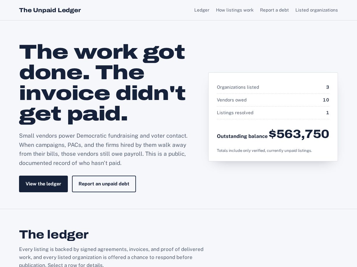 Landing-page snapshot of theunpaidledger.com