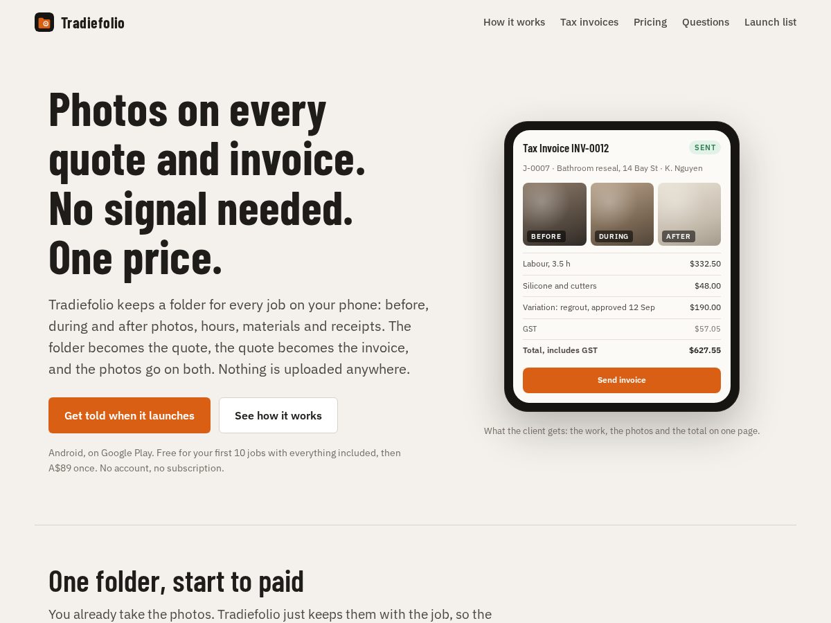 Landing-page snapshot of tradiefolio.com