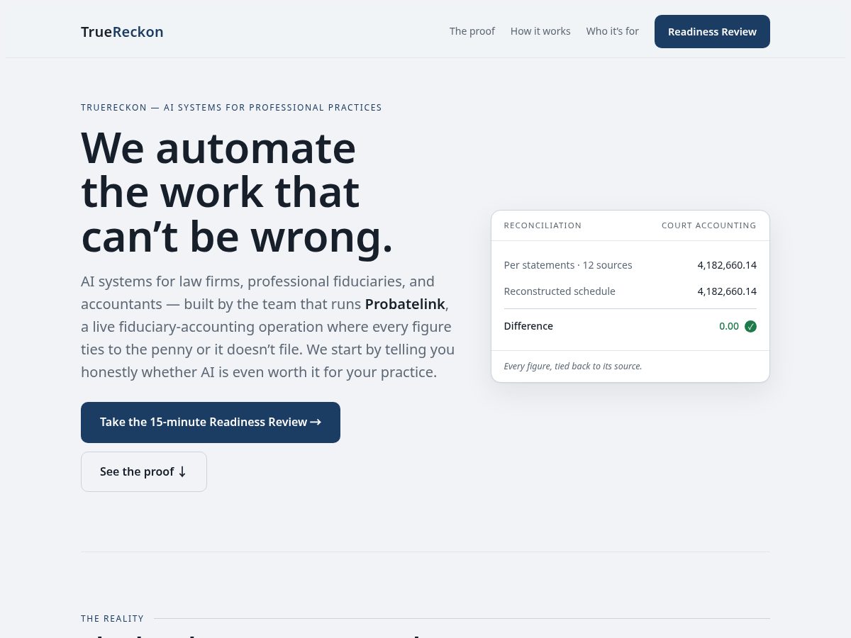 Landing-page snapshot of truereckon.com