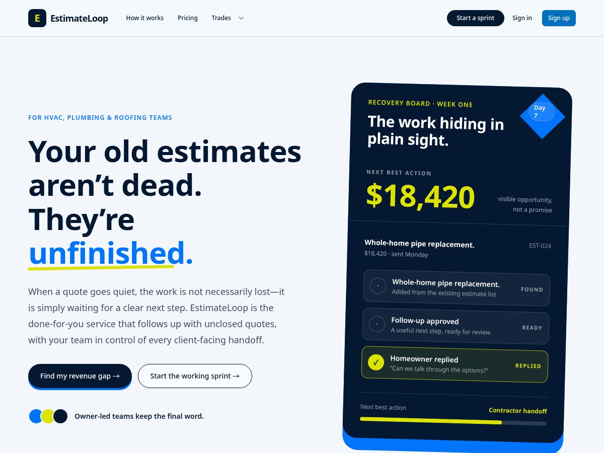 Landing-page snapshot of tryestimateloop.com