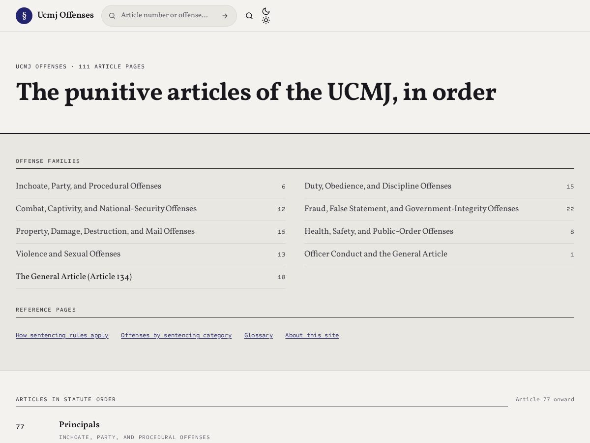 Landing-page snapshot of ucmjoffenses.com