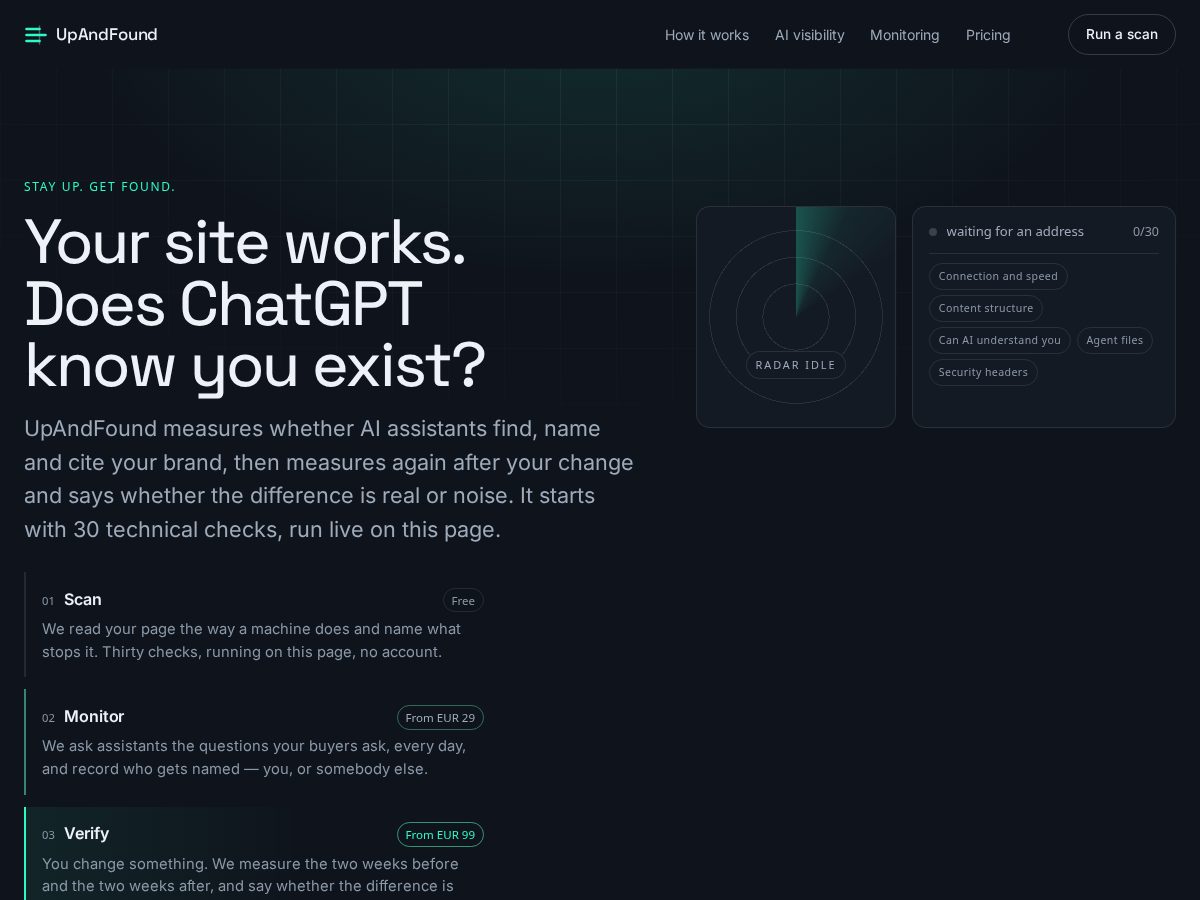 Landing-page snapshot of upandfound.com