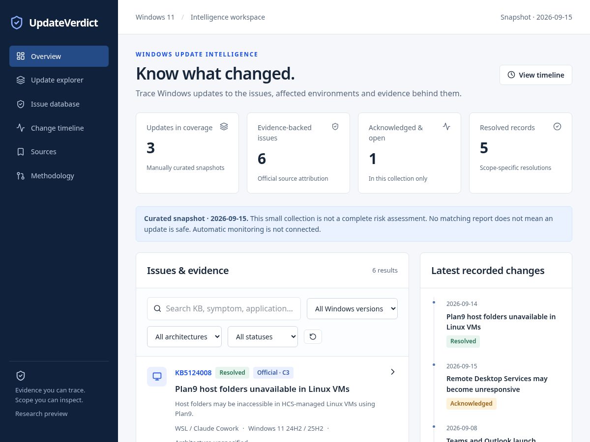 Landing-page snapshot of updateverdict.com