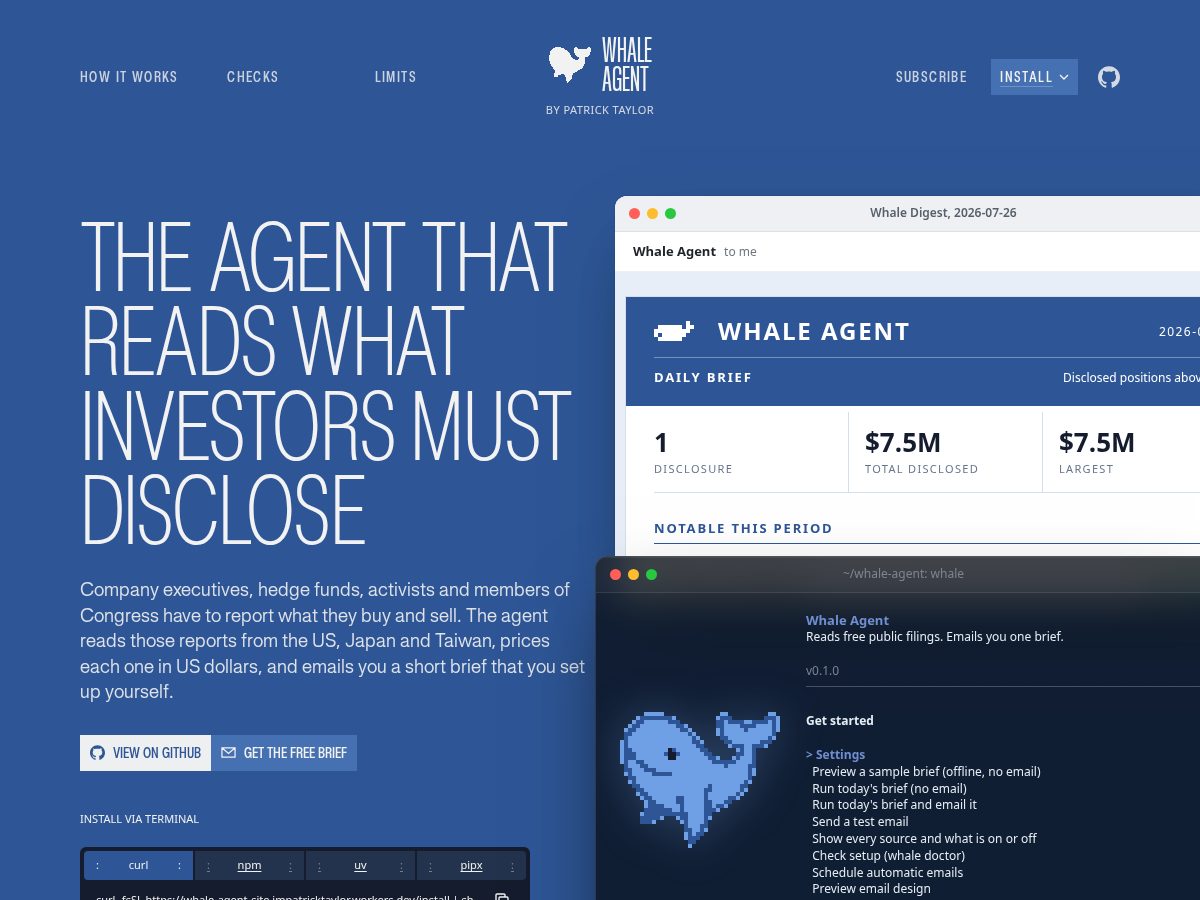 Landing-page snapshot of whale-agent.com