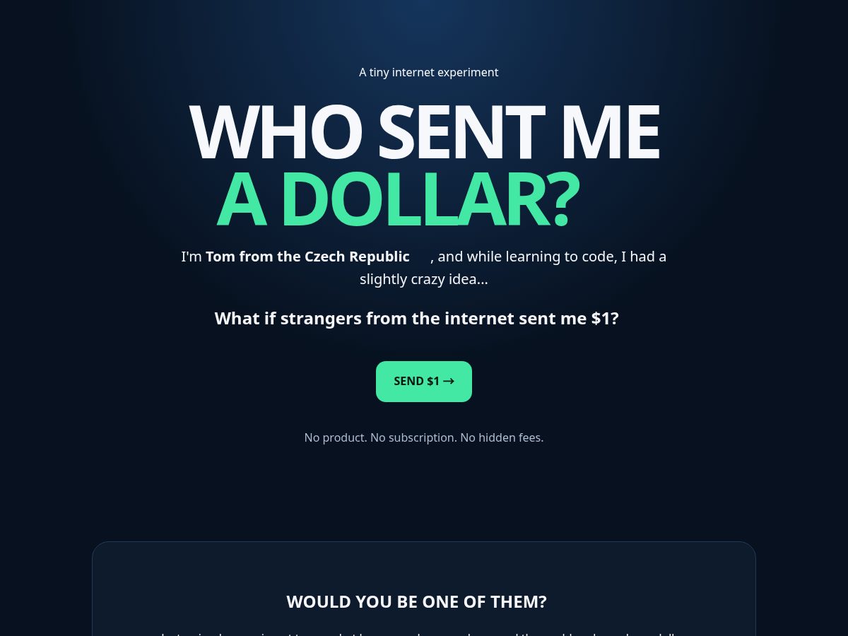 Landing-page snapshot of whosendmeadollar.com