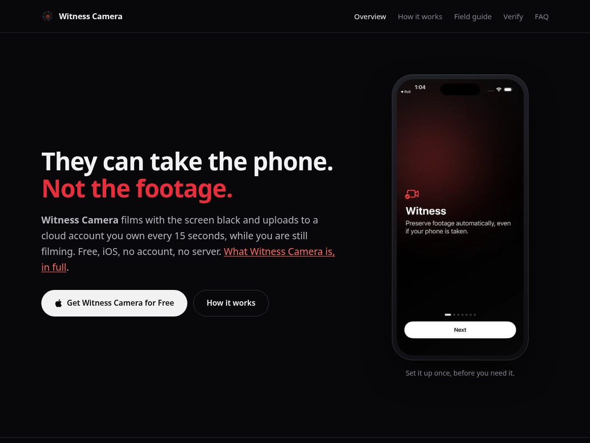 Landing-page snapshot of witnesscamera.com