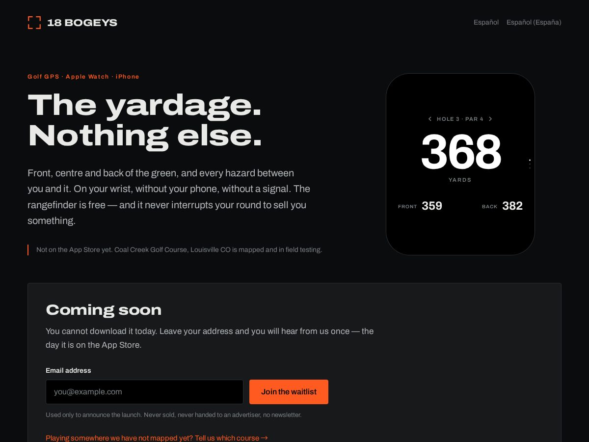 Landing-page snapshot of 18bogeys.app