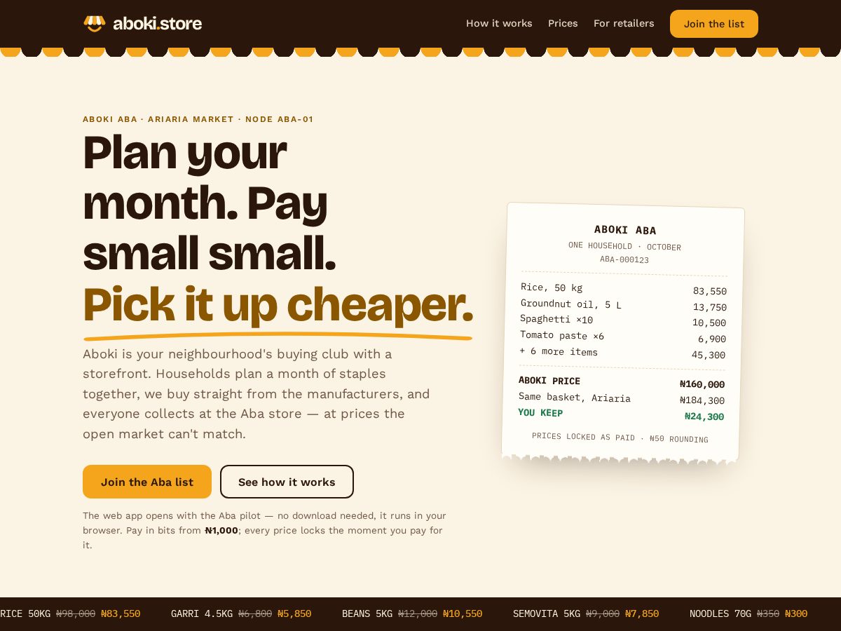 Landing-page snapshot of aboki.store
