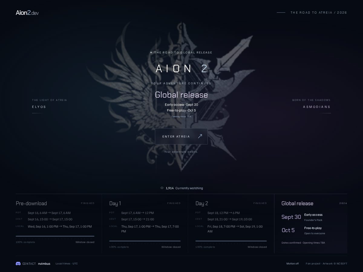 Landing-page snapshot of aion2.dev