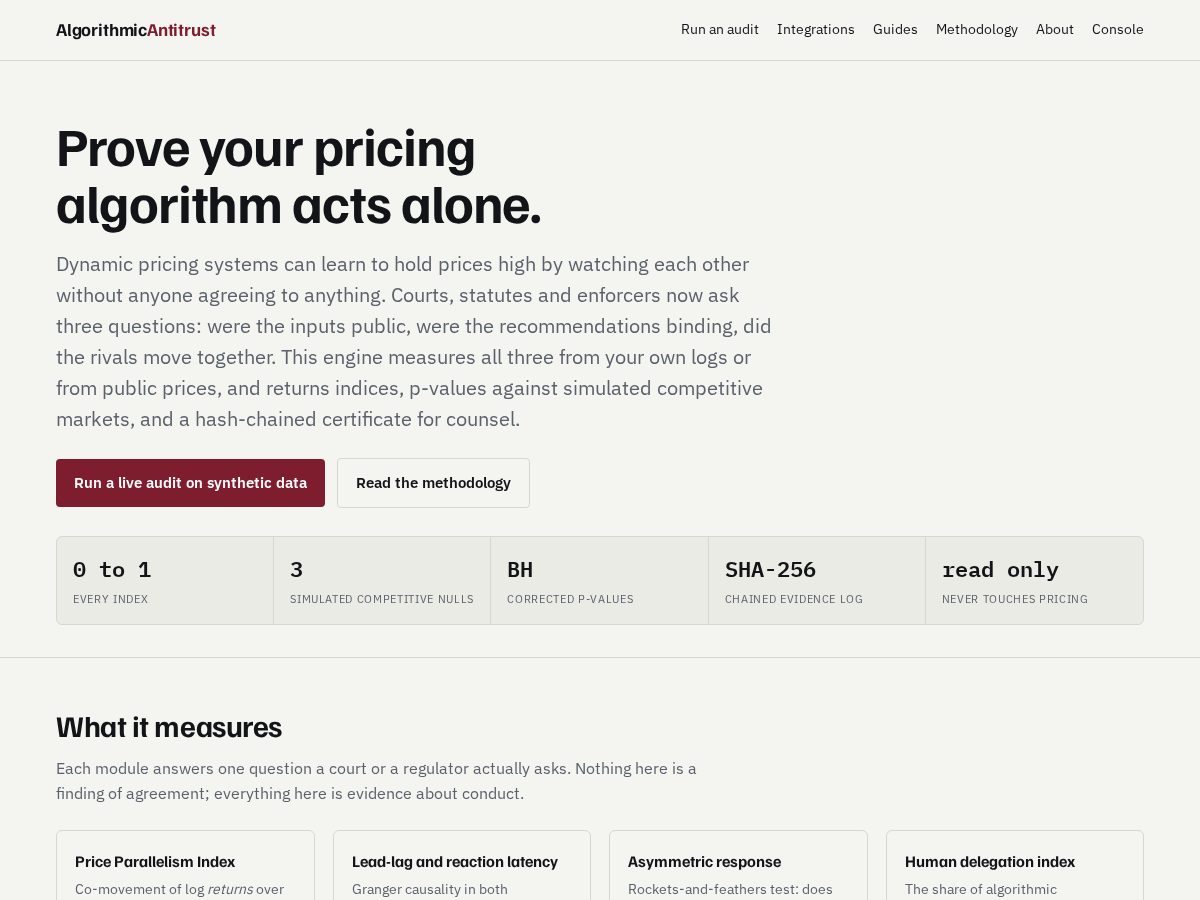 Landing-page snapshot of algorithmicantitrust.com