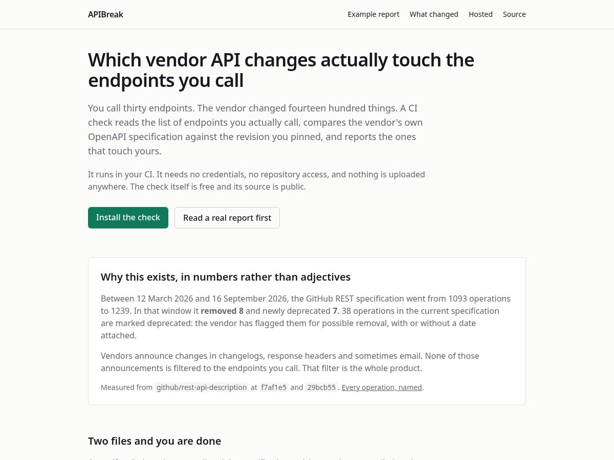 Landing-page snapshot of apibreak.dev