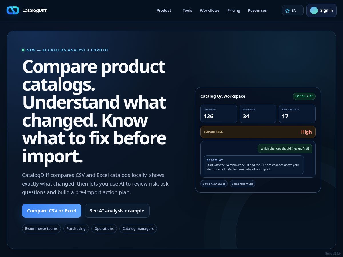 Landing-page snapshot of catalogdiff.com