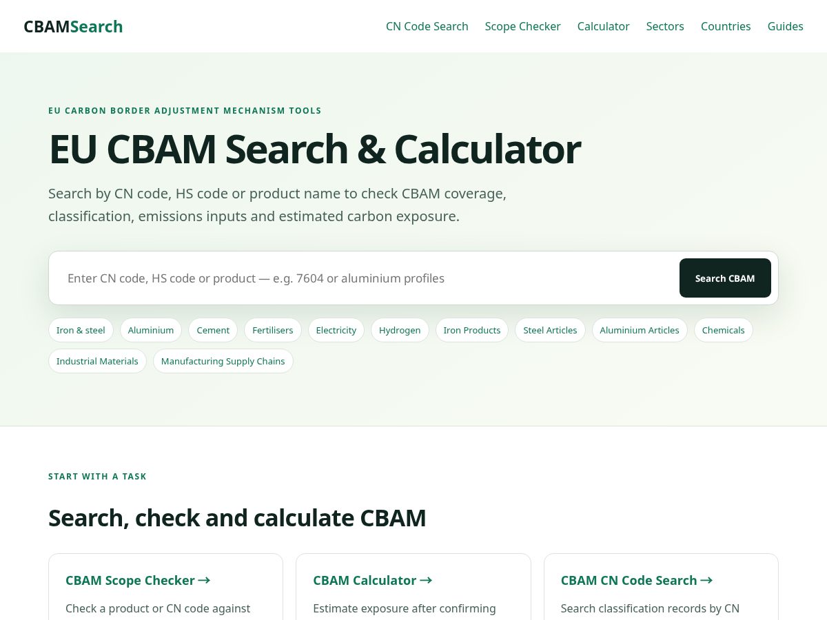 Landing-page snapshot of cbamsearch.com
