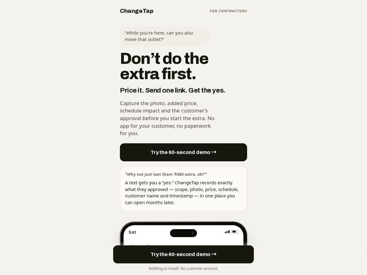 Landing-page snapshot of changetap.app