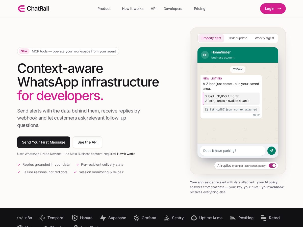 Landing-page snapshot of chatrail.dev