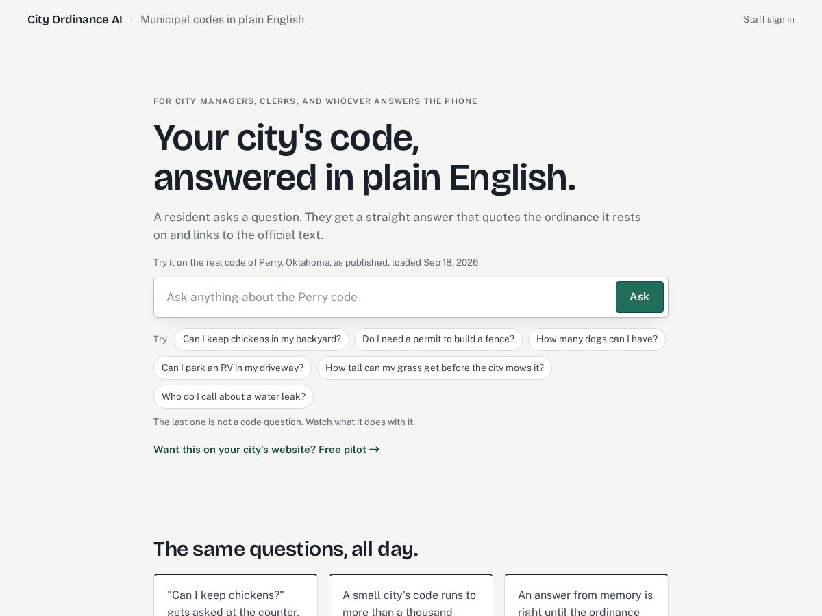 Landing-page snapshot of cityordinanceai.com
