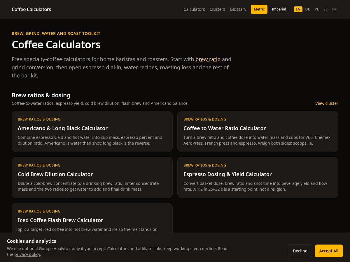 Landing-page snapshot of coffeesizing.com