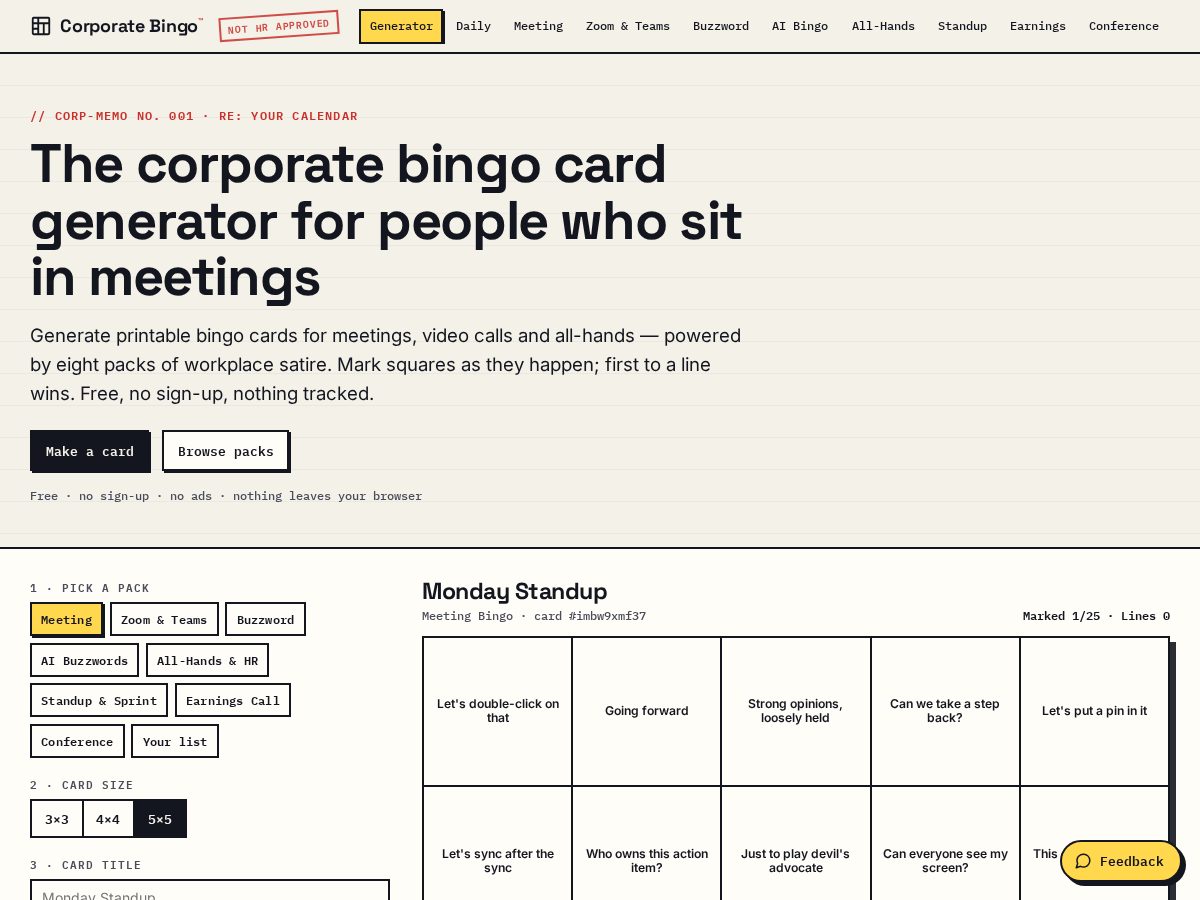 Landing-page snapshot of corporatebingo.cards