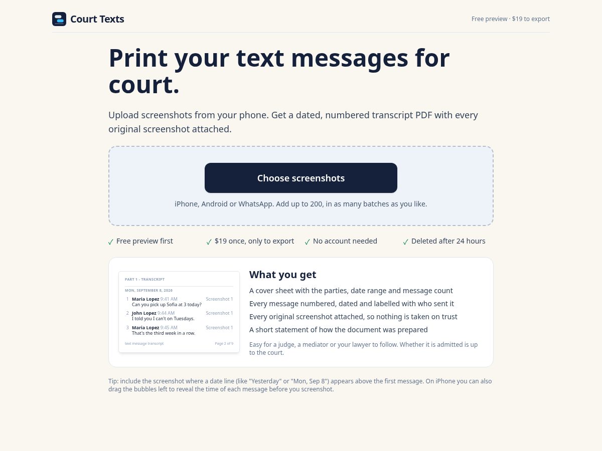 Landing-page snapshot of courttexts.app