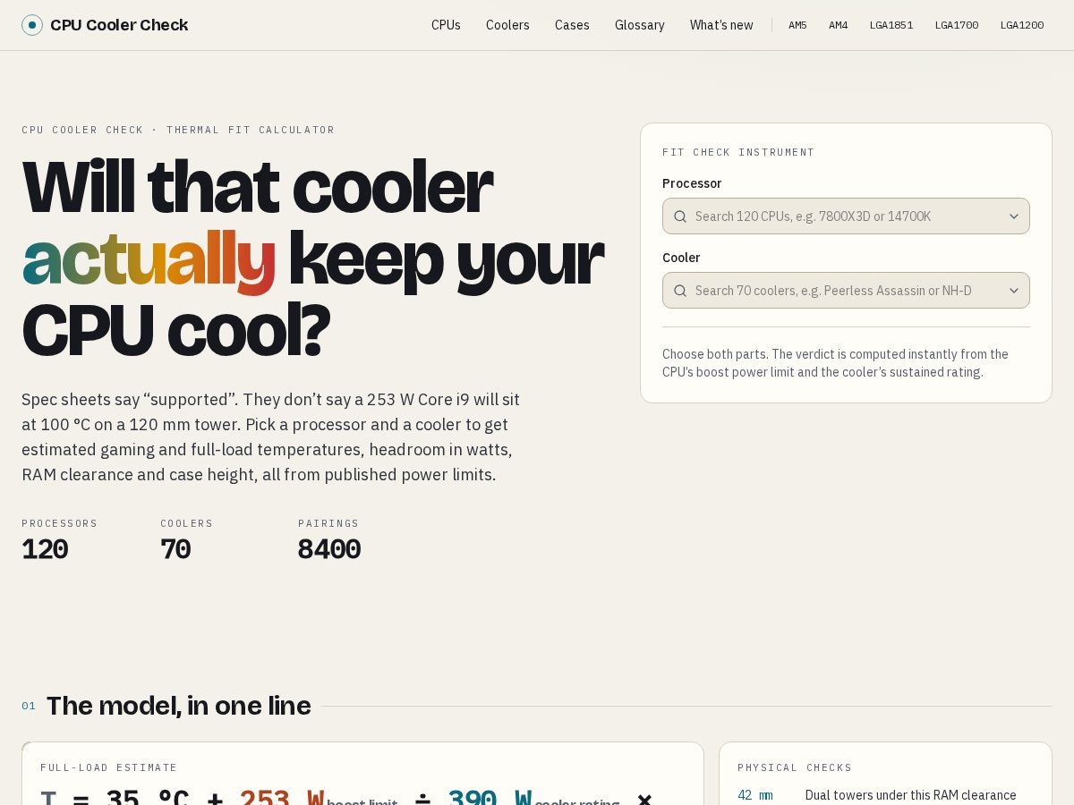Landing-page snapshot of cpucoolercheck.com