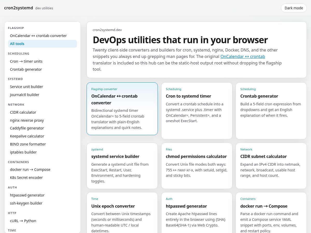 Landing-page snapshot of cron2systemd.dev