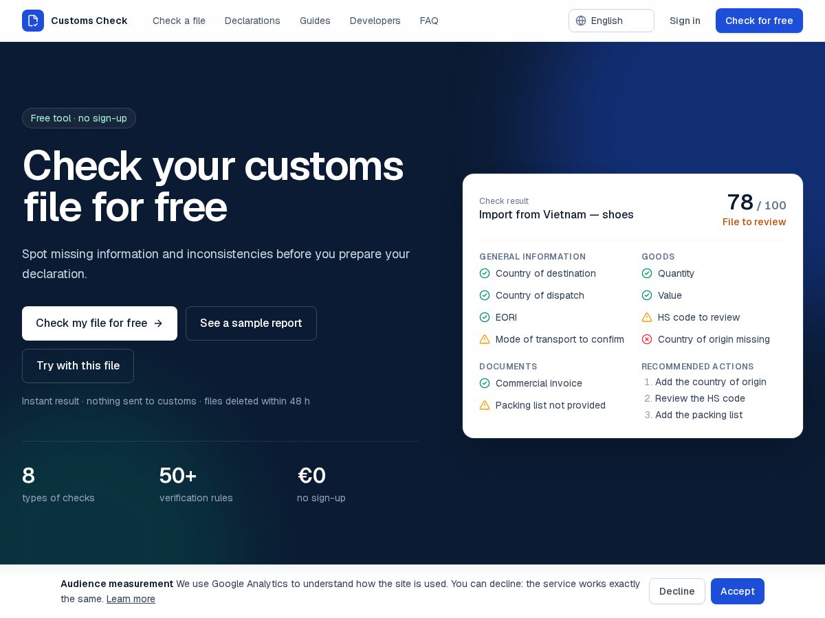 Landing-page snapshot of customs-check.com