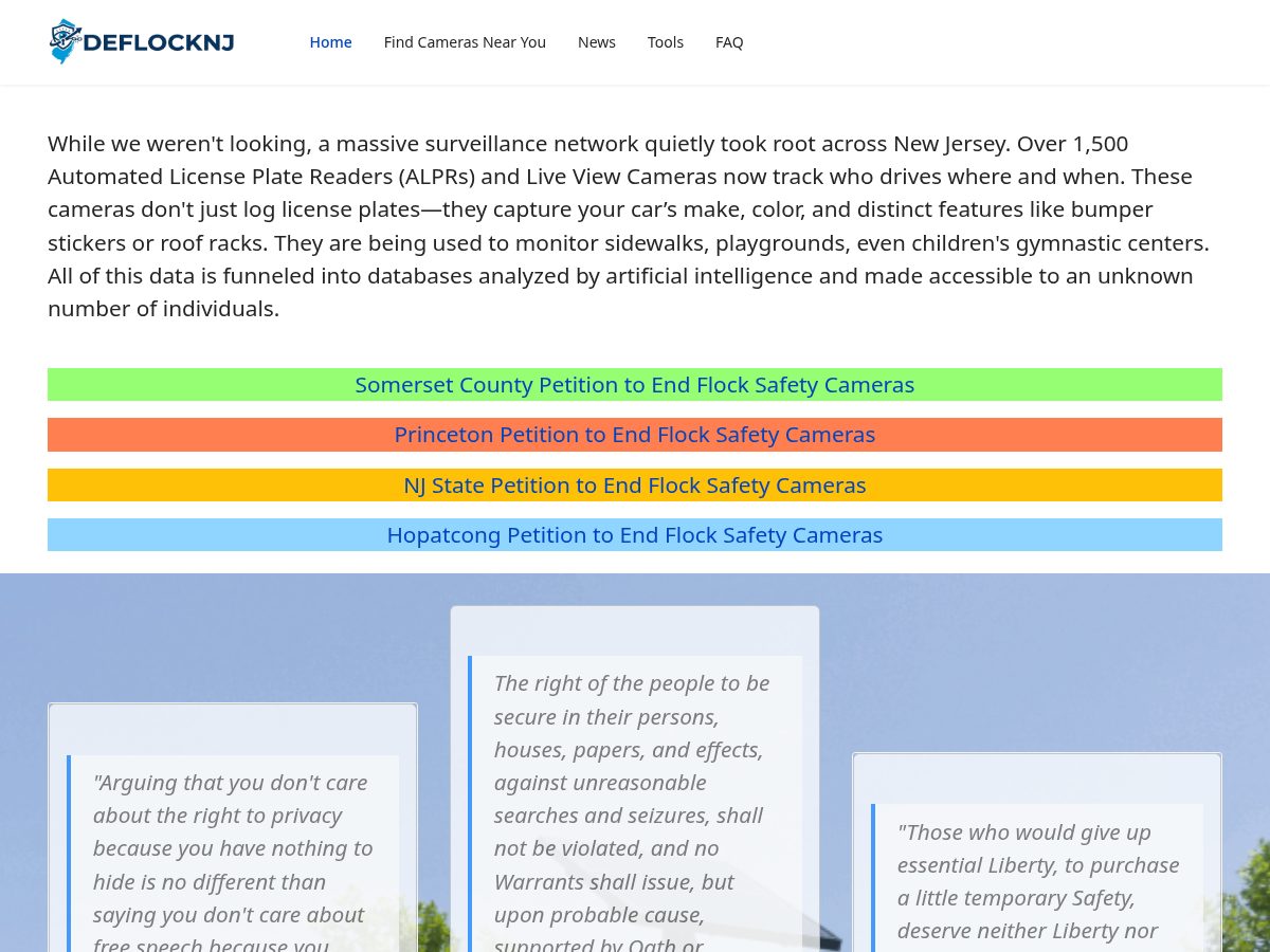 Landing-page snapshot of deflocknj.com