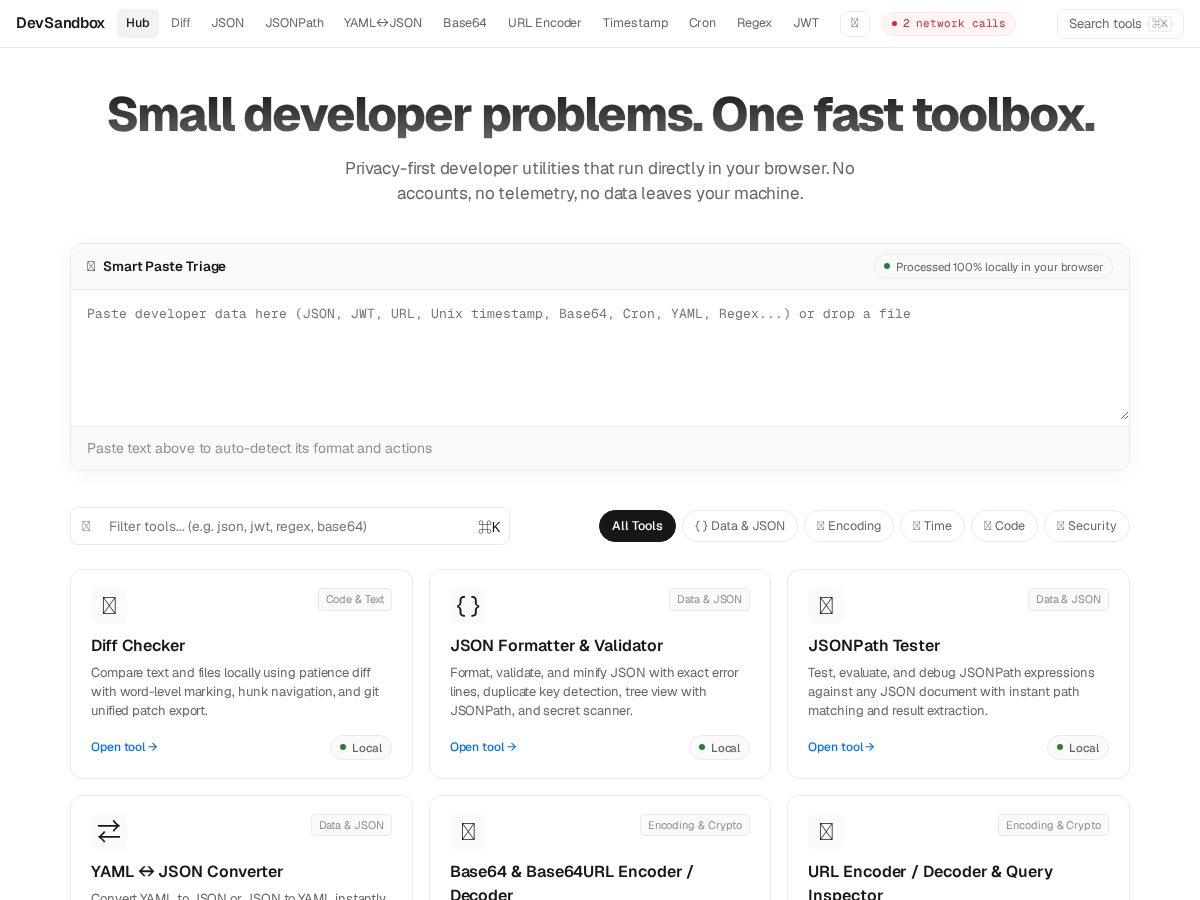 Landing-page snapshot of devsandboxtools.com