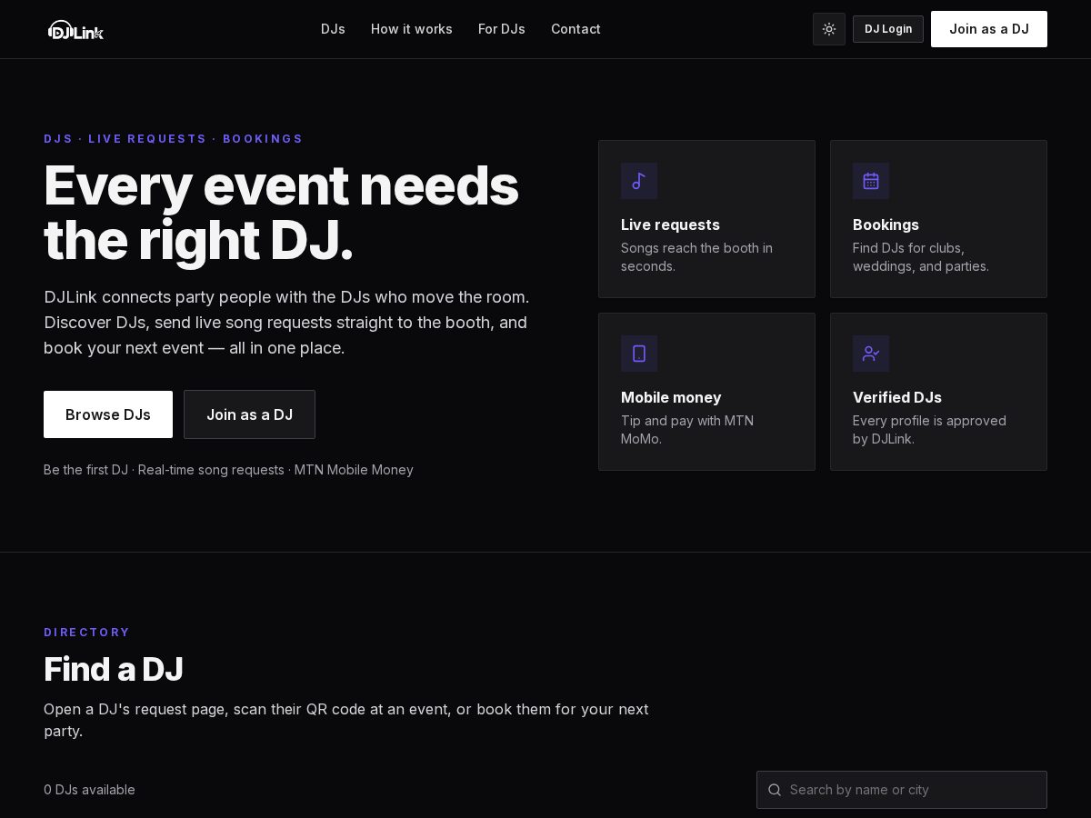 Landing-page snapshot of djlink.space