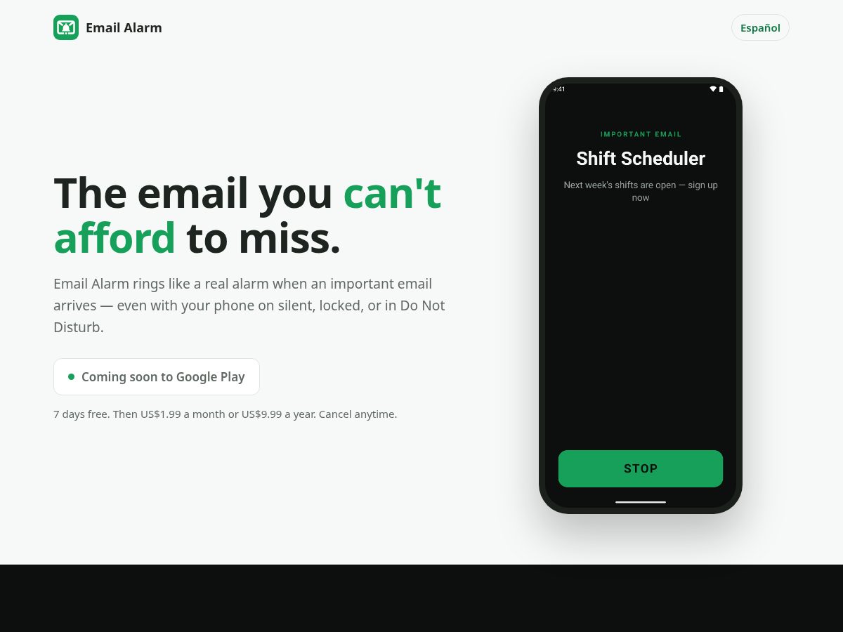 Landing-page snapshot of email-alarm.com