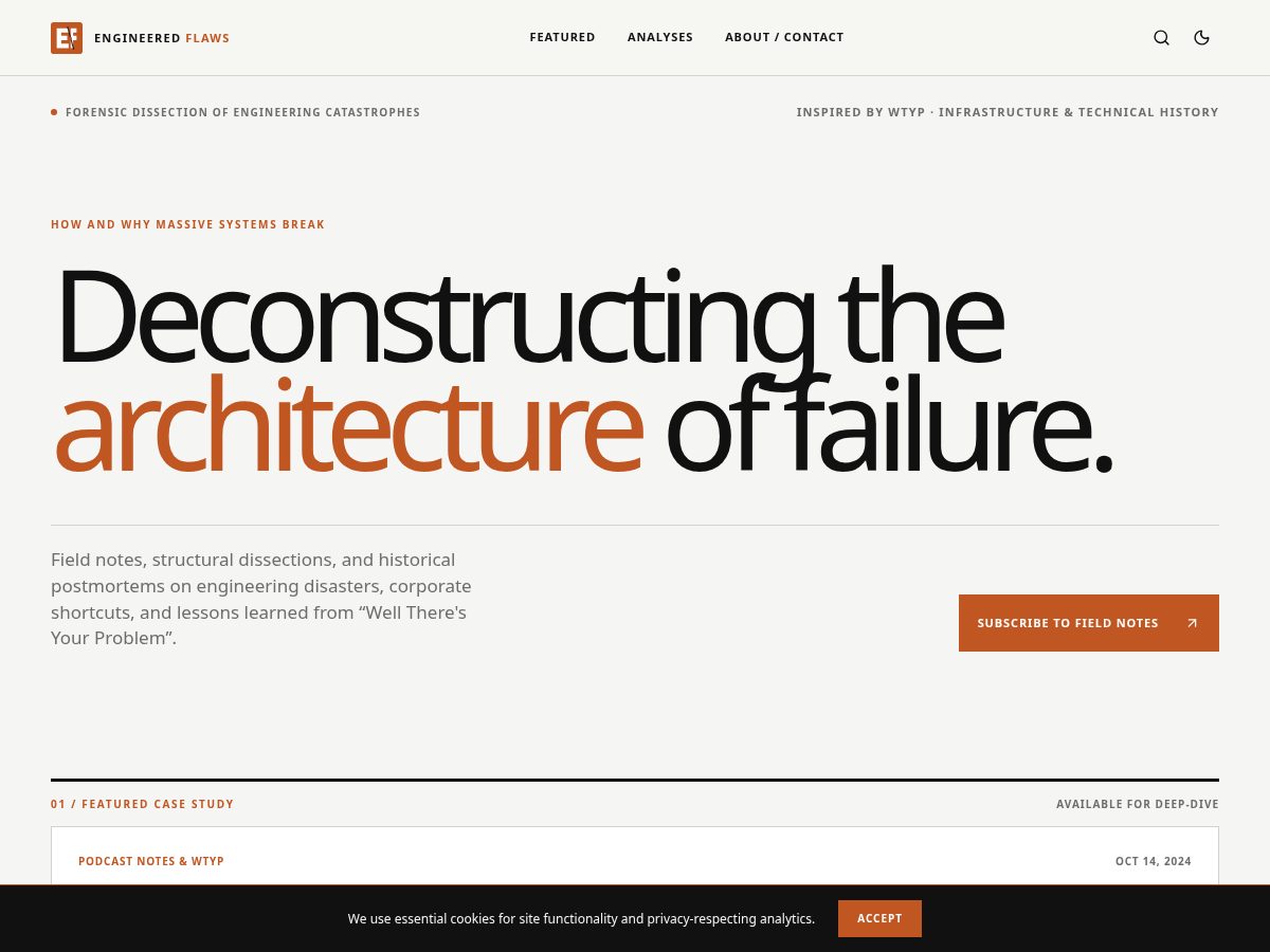 Landing-page snapshot of engineeredflaws.com