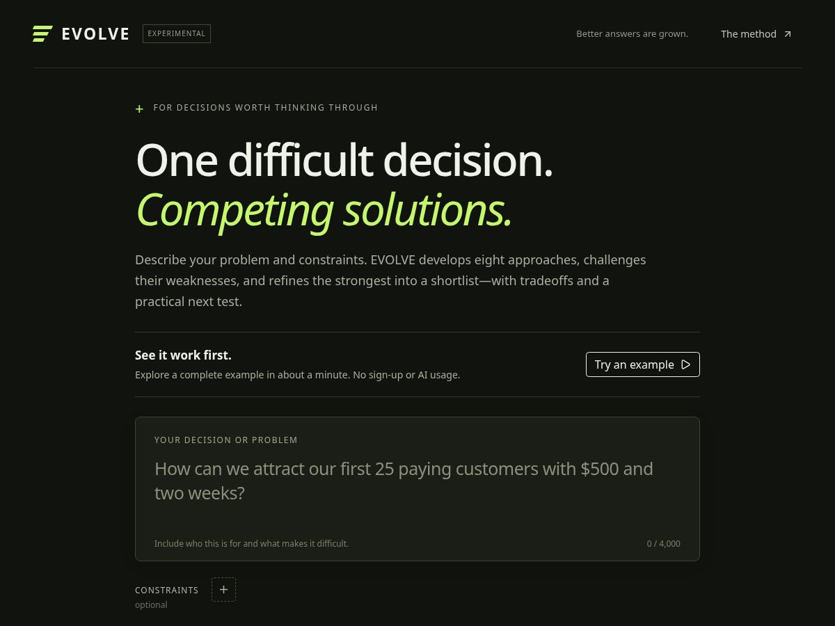 Landing-page snapshot of evolveideas.app