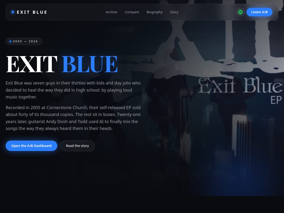 Landing-page snapshot of exitbluemusic.com