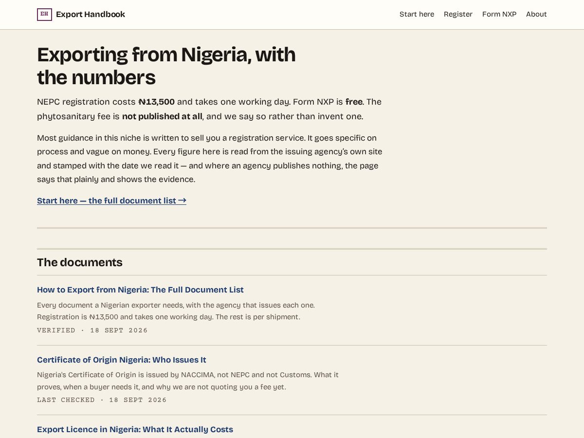 Landing-page snapshot of exporthandbook.com