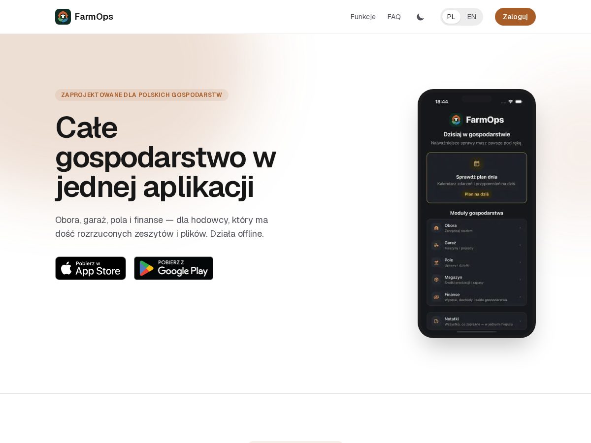 Landing-page snapshot of farmopsapp.com