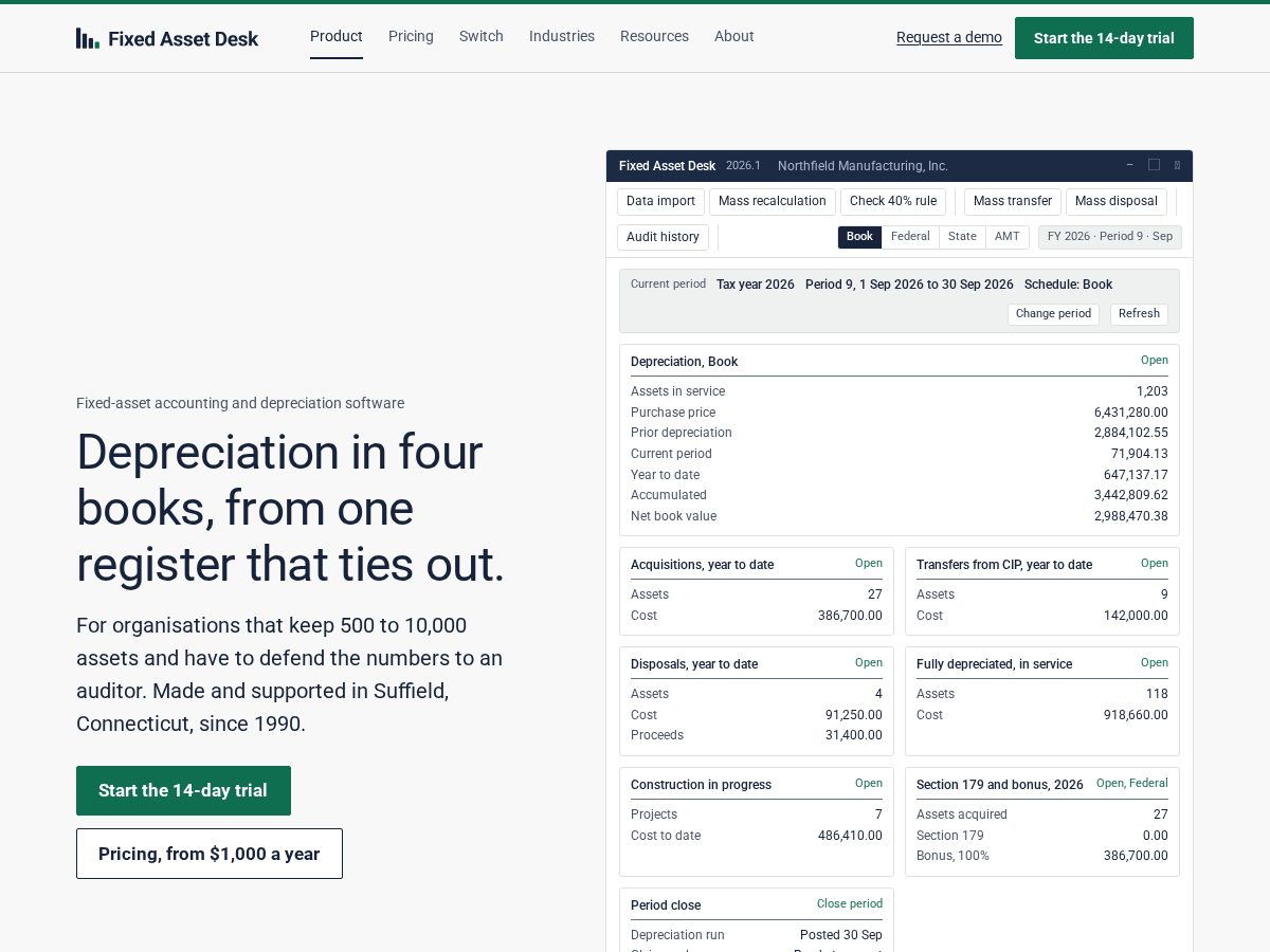 Landing-page snapshot of fixedassetdesk.com