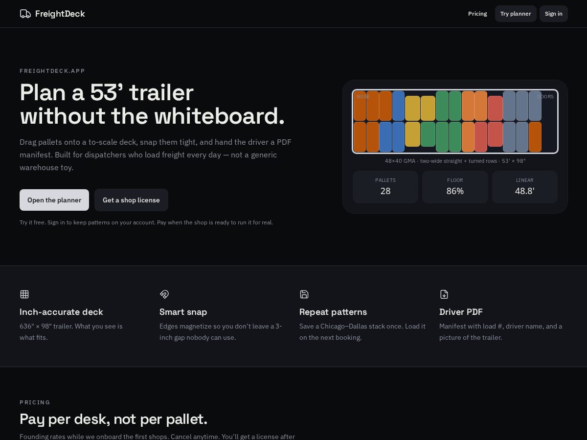 Landing-page snapshot of freightdeck.app
