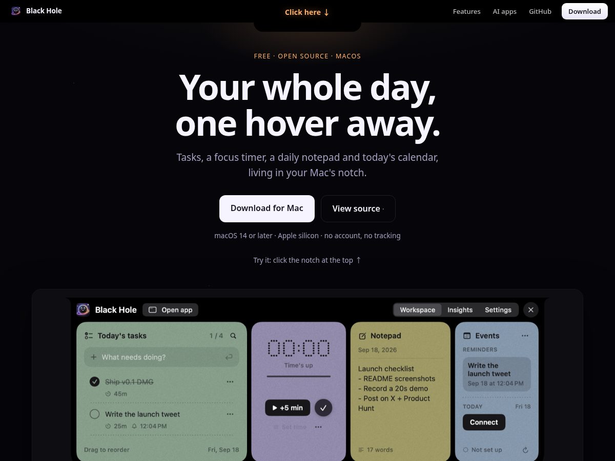 Landing-page snapshot of getblackhole.app