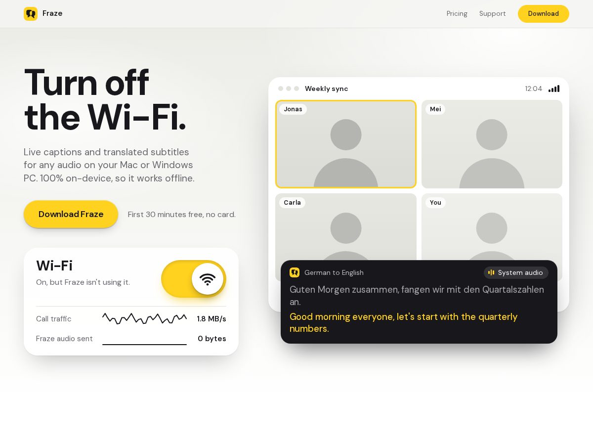 Landing-page snapshot of getfraze.app