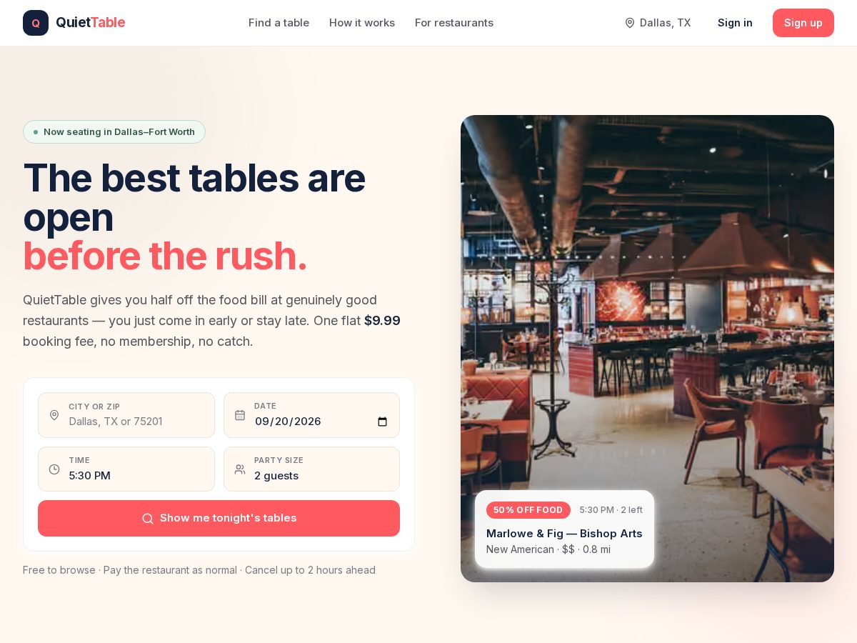 Landing-page snapshot of getquiettable.com