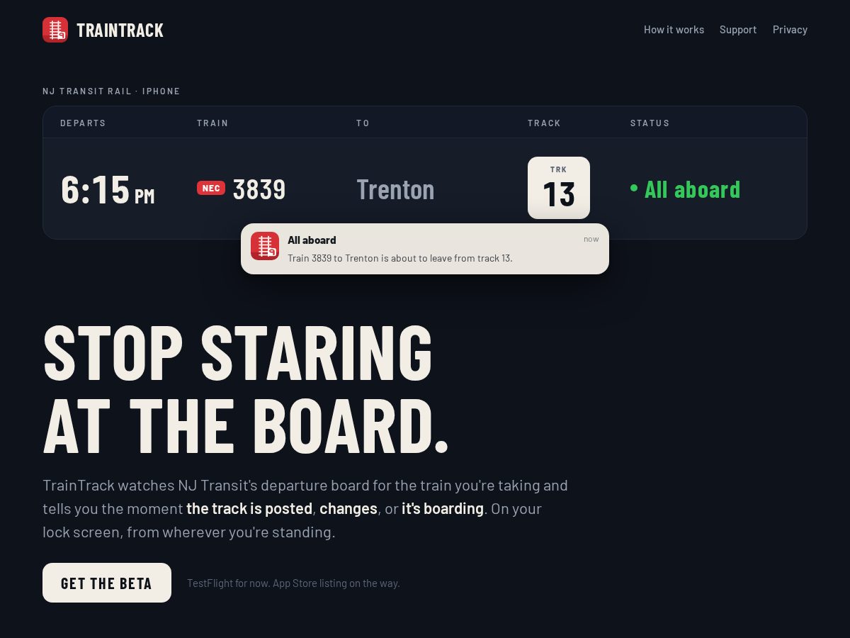 Landing-page snapshot of gettraintrack.app