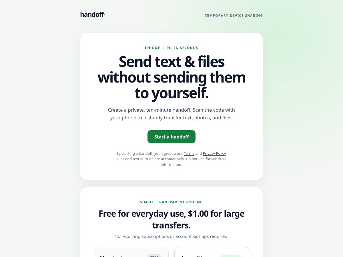 Landing-page snapshot of handoffdrop.app