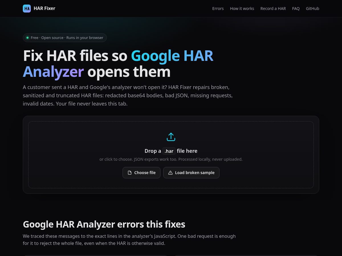 Landing-page snapshot of harfixer.com