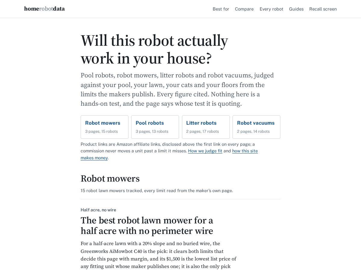 Landing-page snapshot of homerobotdata.com