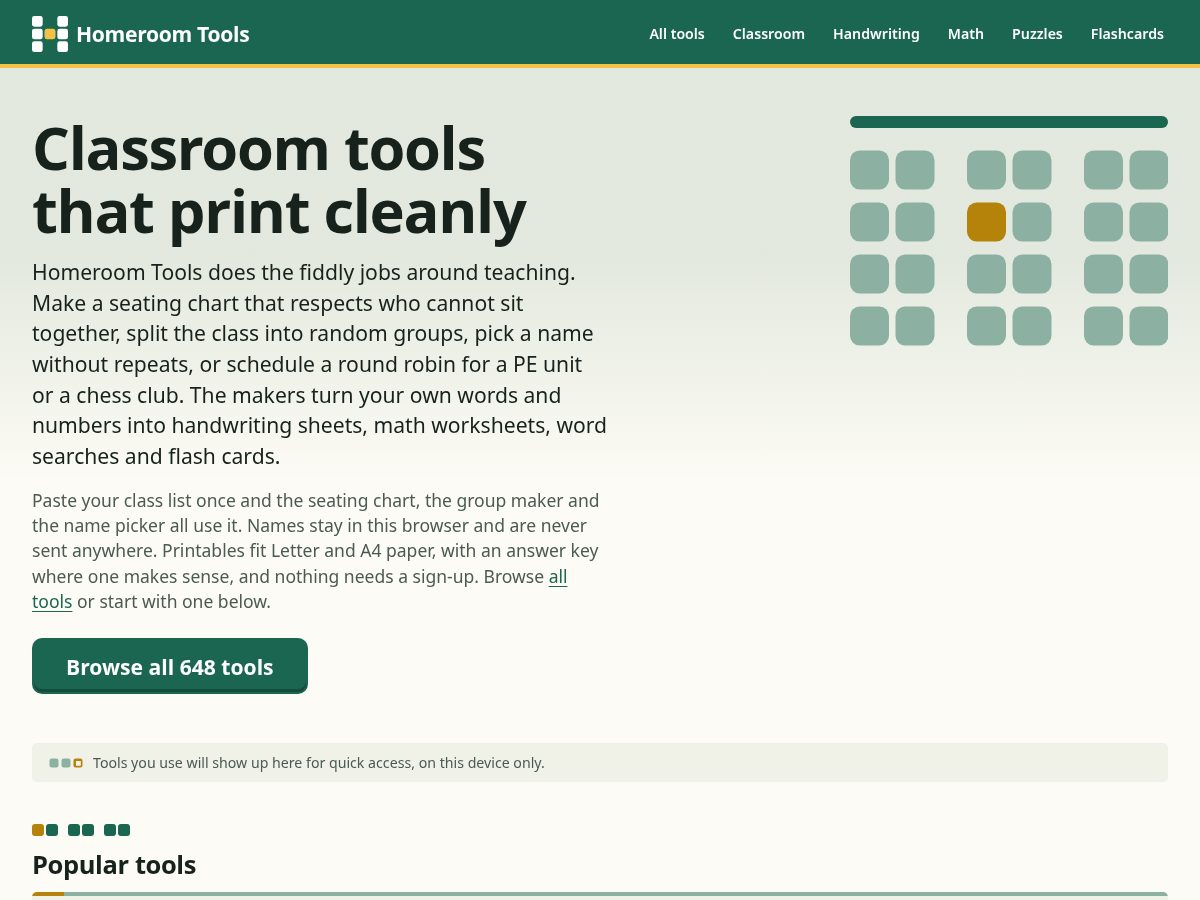 Landing-page snapshot of homeroomtools.com