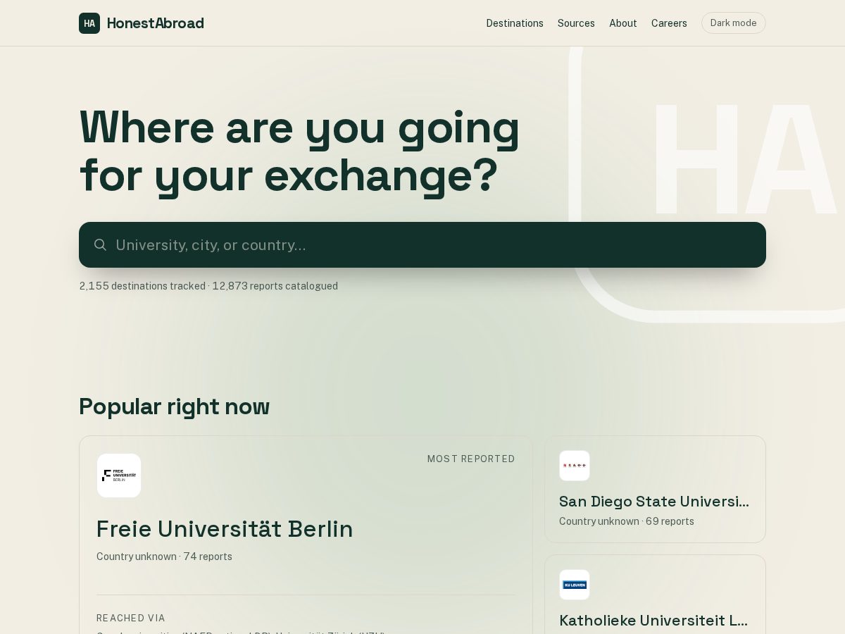 Landing-page snapshot of honestabroad.com