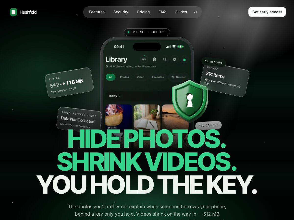 Landing-page snapshot of hushfold.app