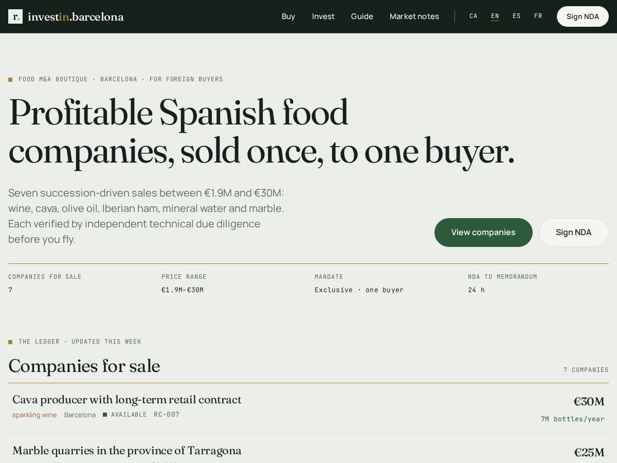 Landing-page snapshot of investin.barcelona