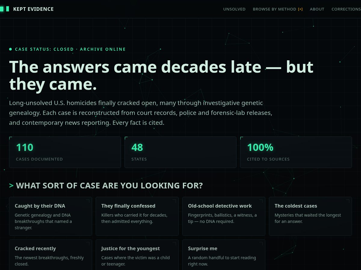 Landing-page snapshot of keptevidence.com