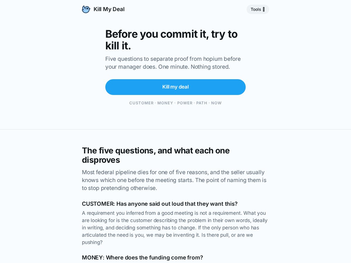 Landing-page snapshot of killmydeal.com